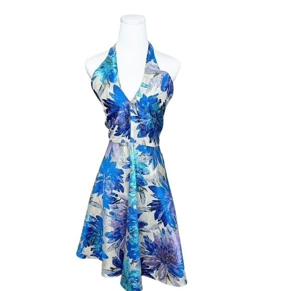 Belle Badgley Mischka Size 12 Floral Jacquard Halter Cocktail Dress - Picture 2 of 7
